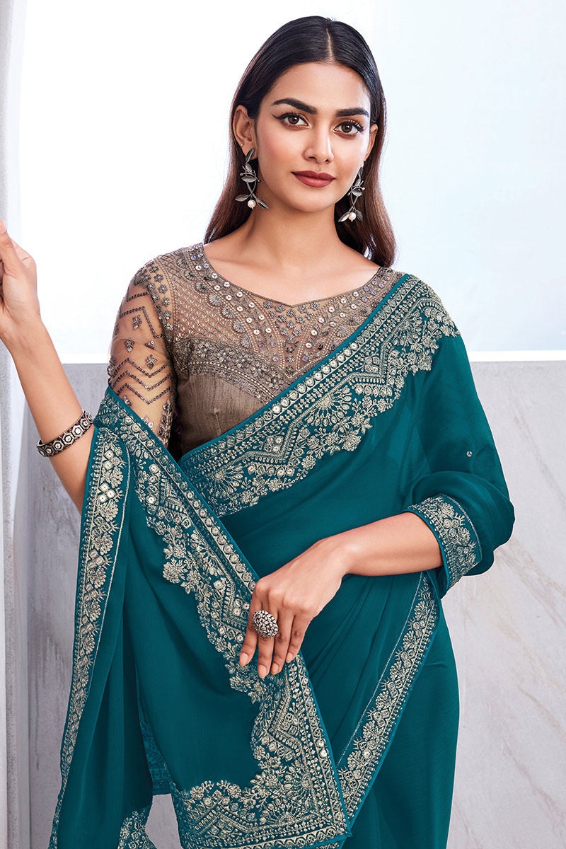 Chiffon Teal Blue Embroidered Light Weight Saree Sarv