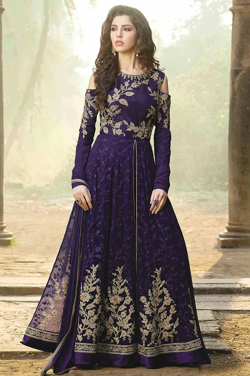 Buy Attractive Dupion Silk Anarkalii Suit In Dark Purple Color With