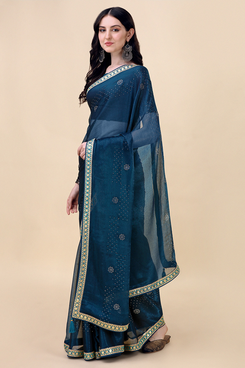 Peacock Blue Chiffon Embroidered Light Weight Saree SARV162870