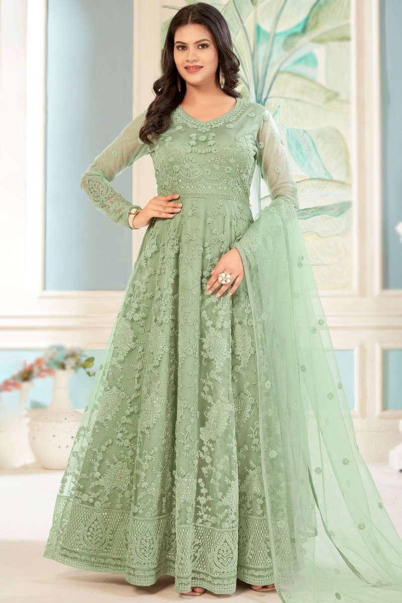 Pistachio Green Net Embroidered Anarkali Suit Fotr Mehndi Lstv