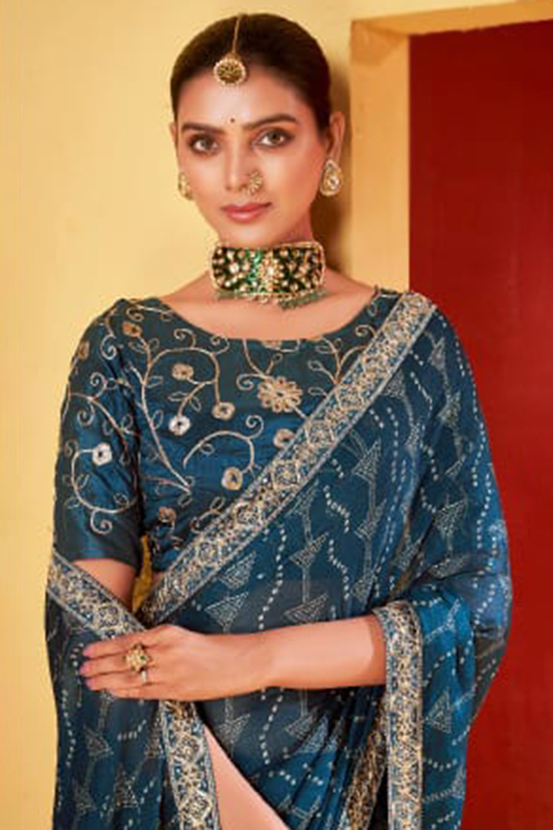 Teal Blue Bandhej Print Chiffon Saree For Sangeet Sarv