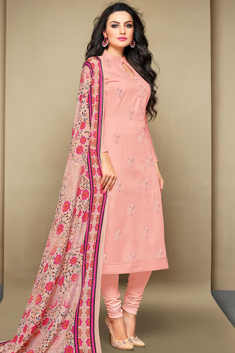 Women's Resham Work Embroidered Pastel Pink Churidar Suit LSTV06982