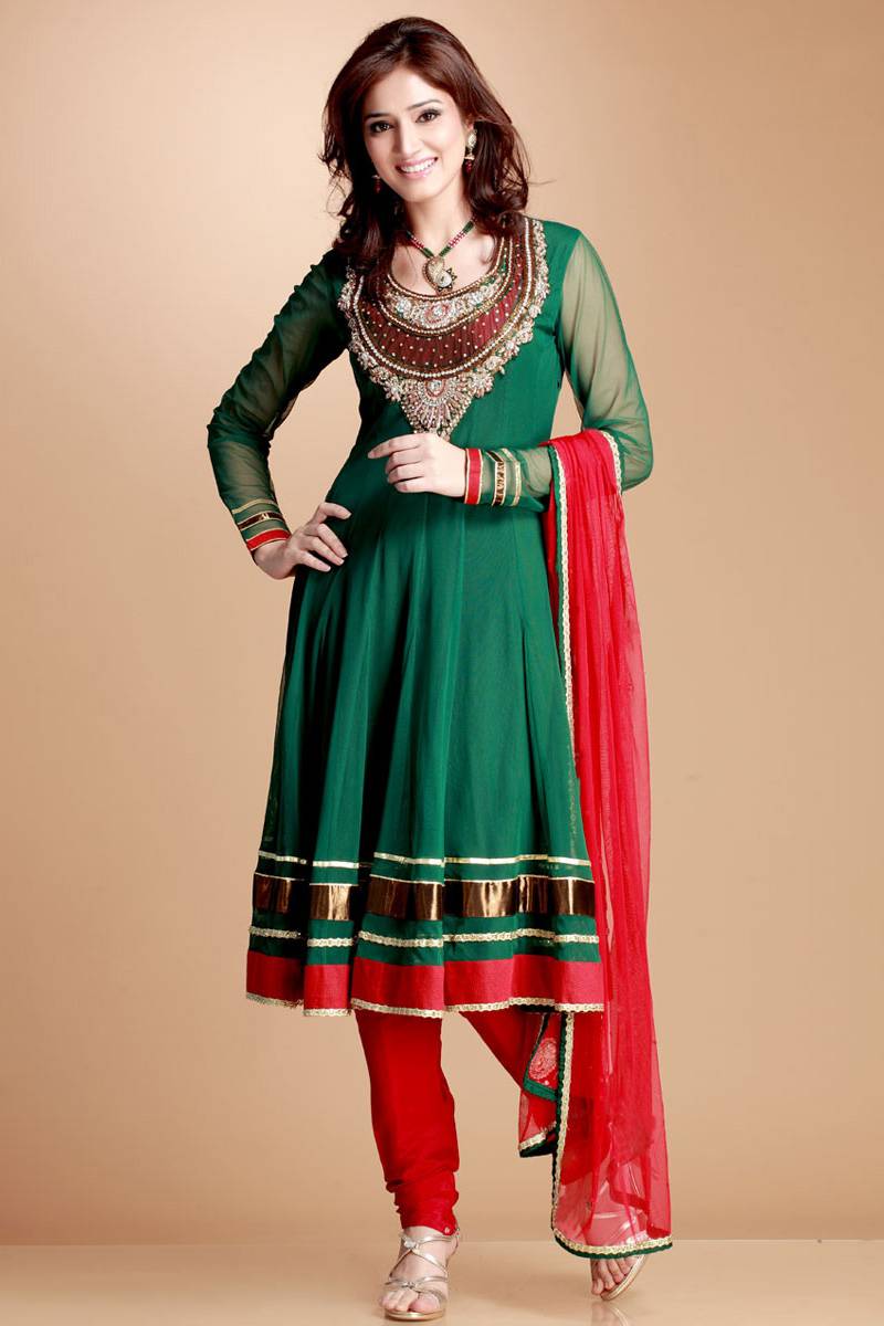 Buy Green Color Anarkali Suit With Red Dupatta Online - 1096