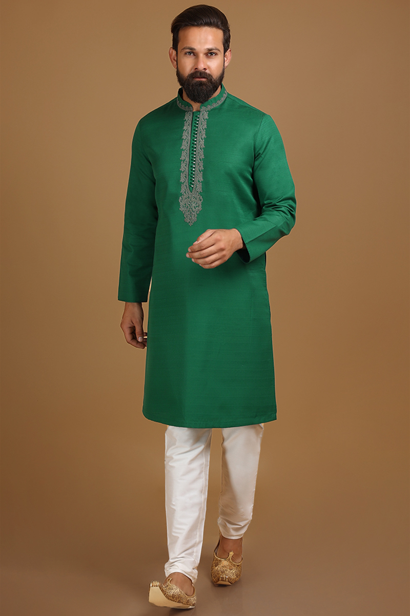 Online Fashion Men Kurta Pajama in Sea Green Embroidered Fabric MKPA04086