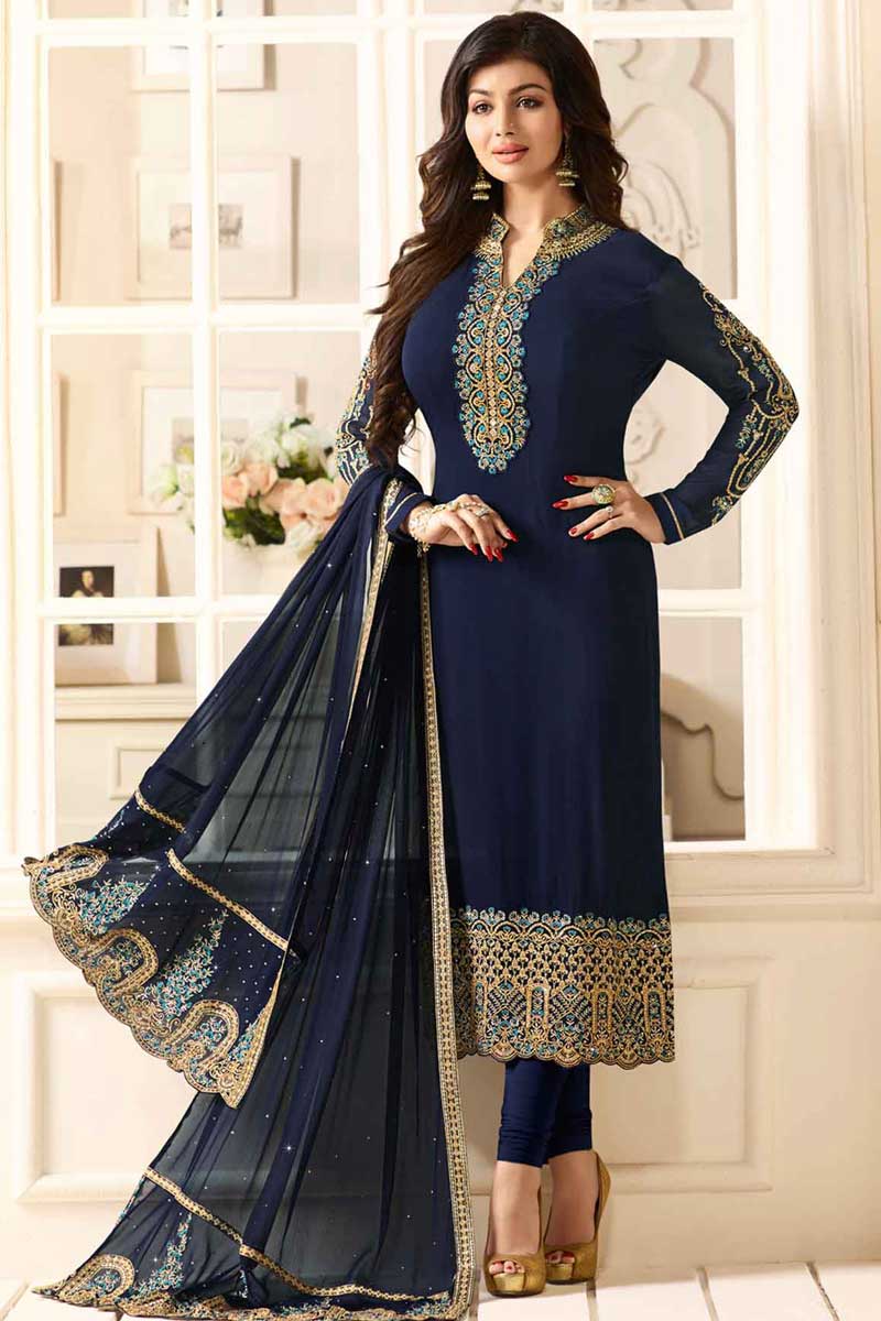 Glorious Georgette Churidar Suit in Denim Blue Color with Resham Embroidered