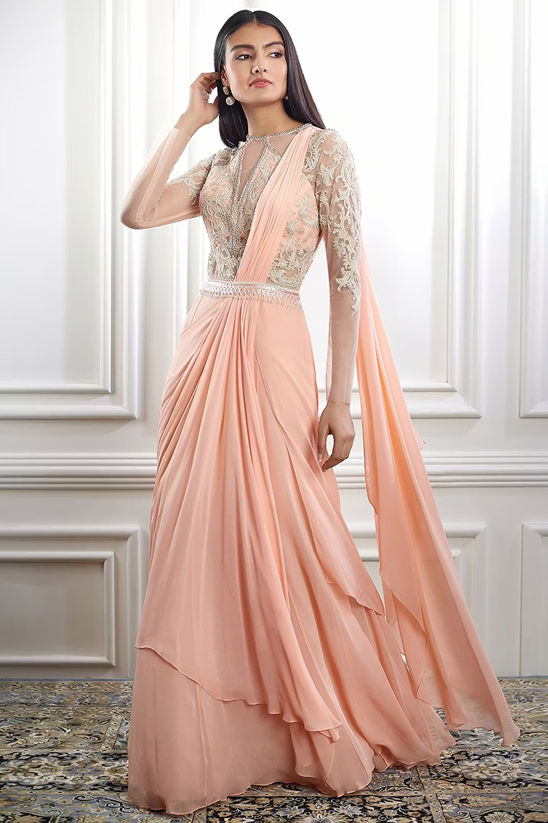 Indian designer Peach gown Georgette silk gown 2024 with dupatta Real Mirror and sequence work gown for women wedding wear readymade Long kurtis