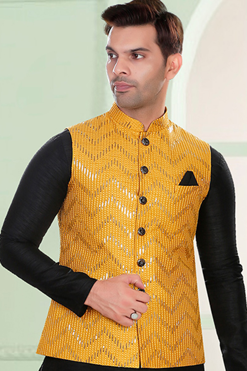 Embroidered Mustard Yellow Art Silk Men's Waist Coat MWCV0256 - Main Image