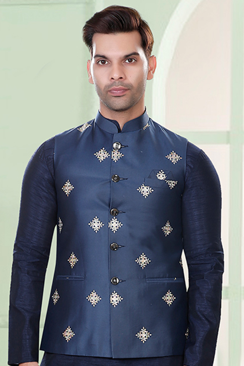 Embroidered Navy Blue Silk Men's Waist Coat MWCV0259