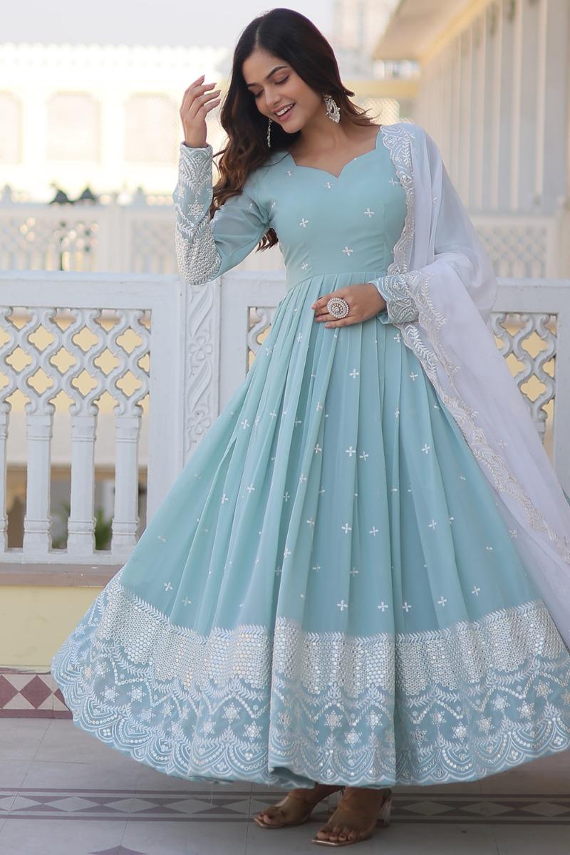 baby blue anarkali dress Georgette Light Sequins Embroidered Ankle Length Suit LSTV133309 and beads work FULLPRICED Cher 90s cross black Color:White/Gold