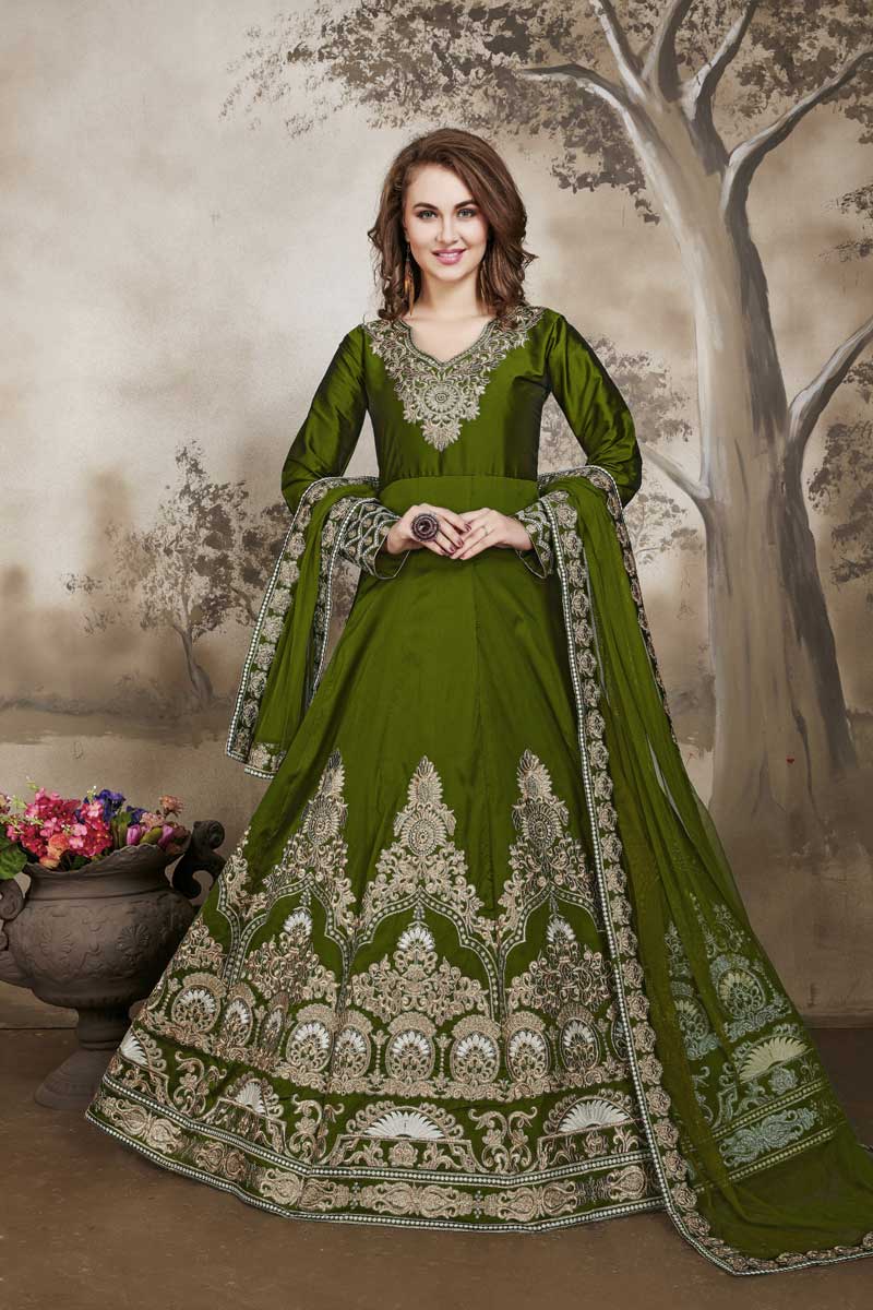 Buy Resham Embroidered Taffeta Juniper Green Anarkali Gown Online - LSTV0076 | Andaaz Fashion Buy Resham Embroidered Taffeta Juniper Green Anarkali Gown Online - LSTV0076 | Andaaz Fashion
