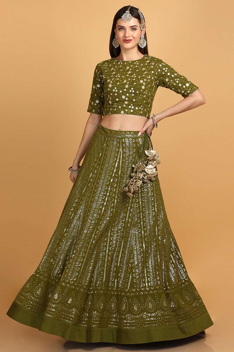 Green Embroidered Georgette Designer Lehenga Style Suit