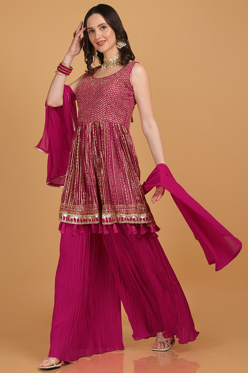 Magenta Pink Frock Style Georgette Embroidered Sharara Suit LSTV123470