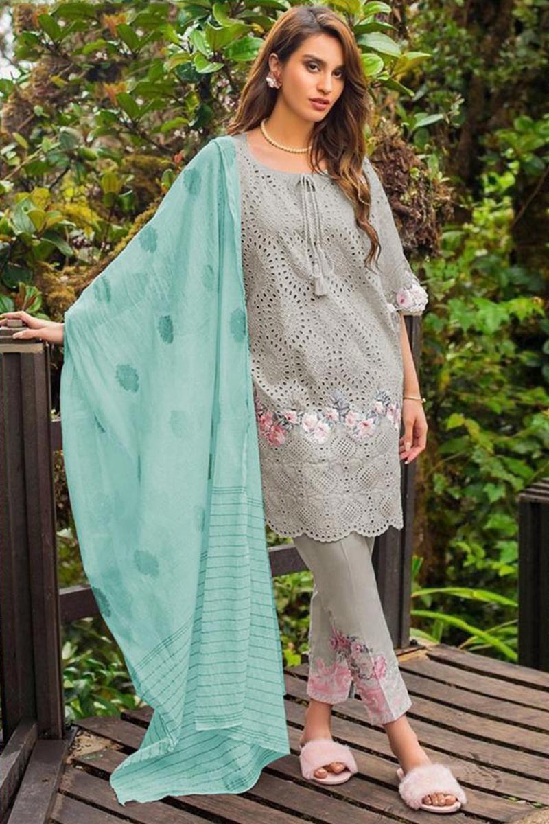 Grey Cotton Embroidered Pakistani Trouser Suit With Cut Work