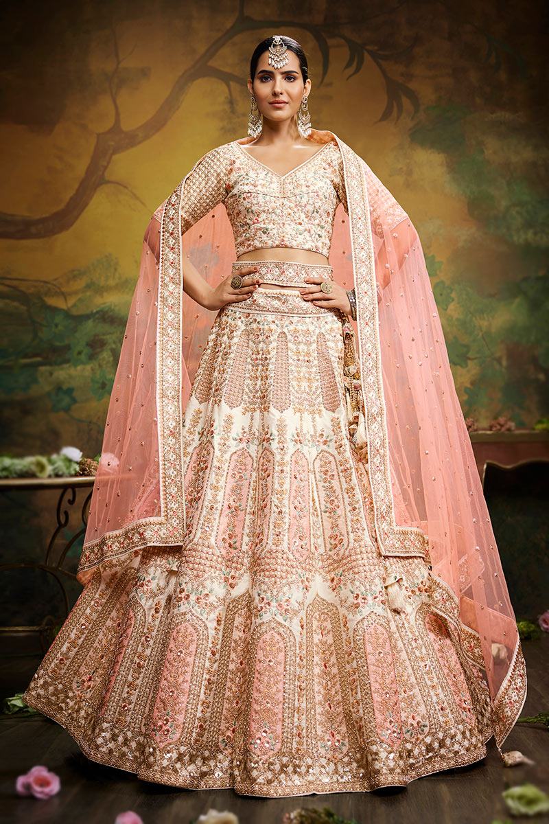 Adorned Bridal Silk Lehenga Choli In Cream Color LLCV115917