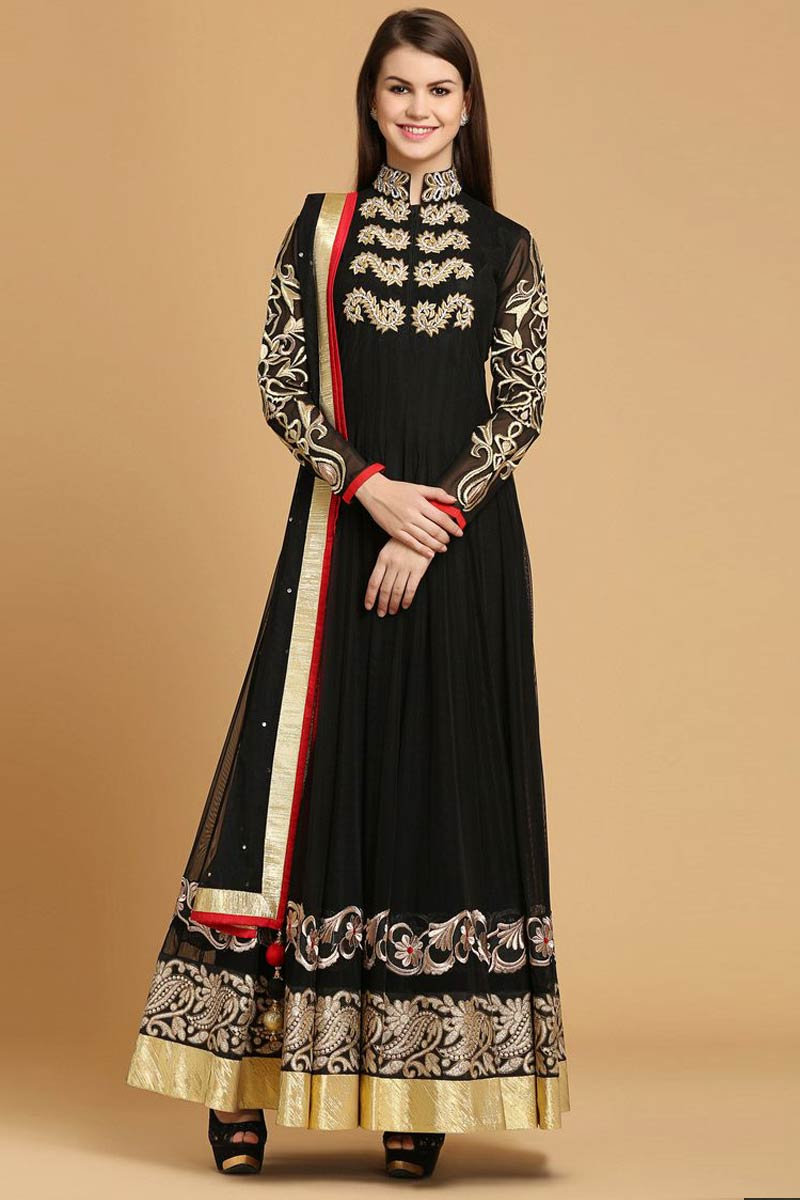 Black polyester net Churidar Suit, Floor Length Kameez Online - Andaaz ...