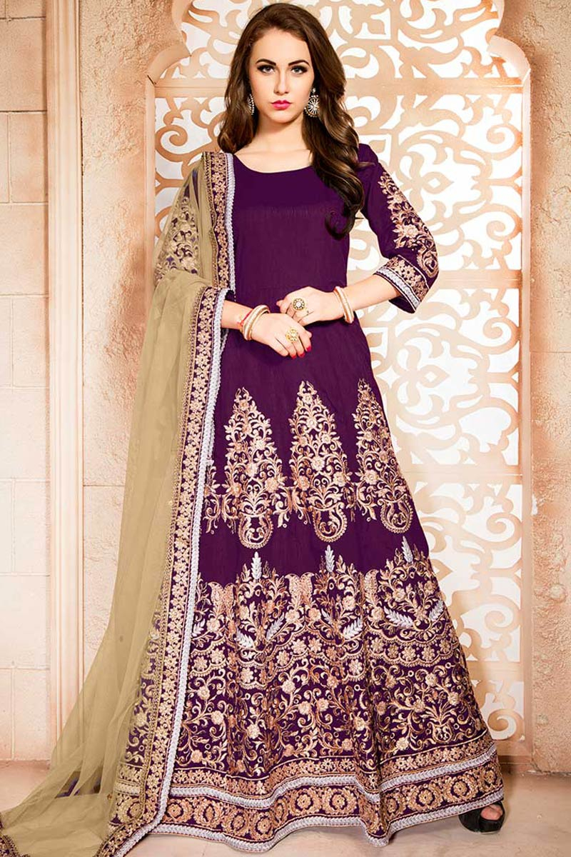 Online Purple Banglori Silk Anarkali Churidar Suit With Dupatta - Dmv14617