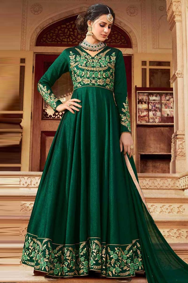 Rupali Trendy Anarkali Churidar Suit With Dupatta In Emerald Green - Main Image