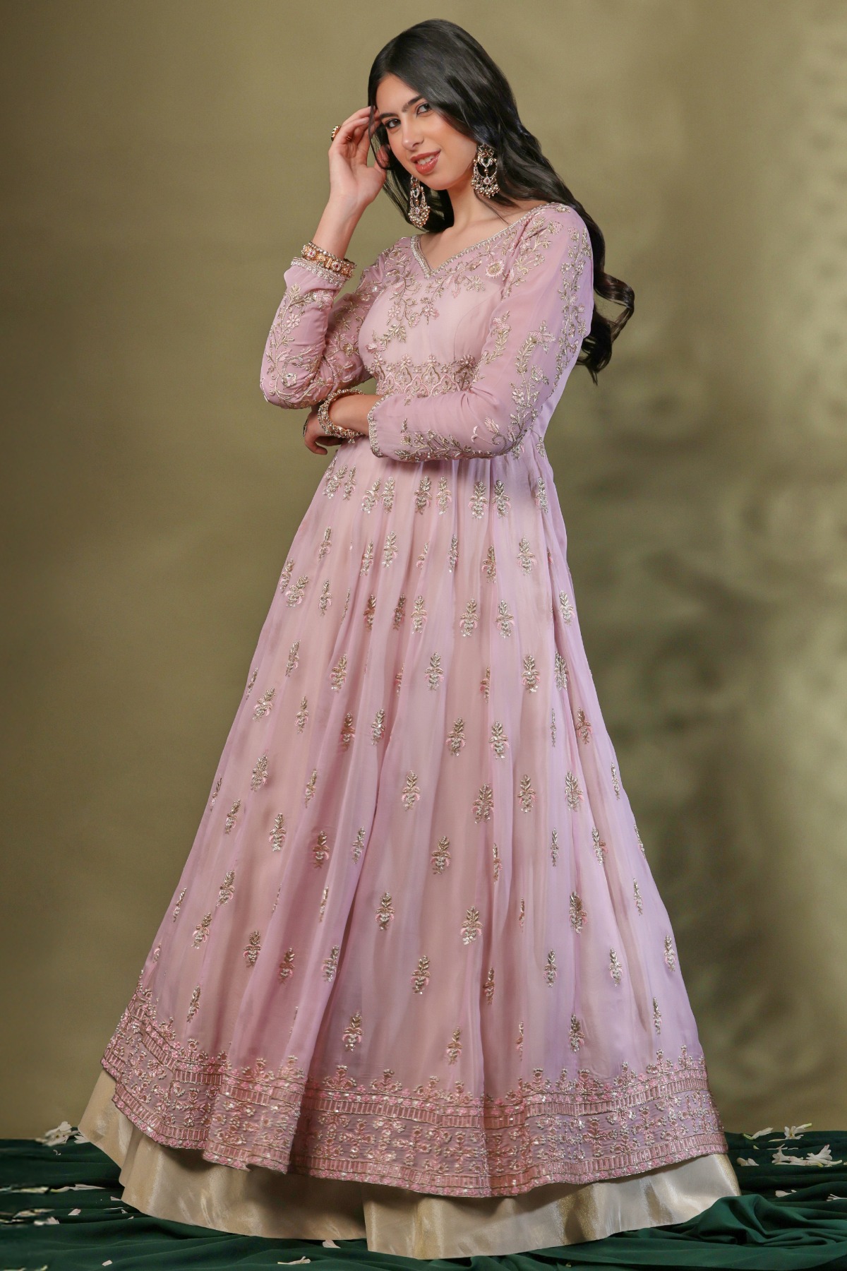 Anarkali Gown Party Wear Floor Touch Gown Indian Heavy Designer White And Golden  Anarkali Gown With