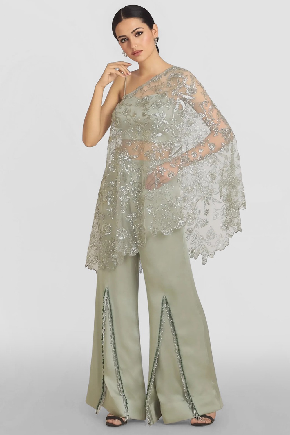 Andaaz Fashion Women's Ash Grey Satin Indo-Western Dress With Embroidered Shrug