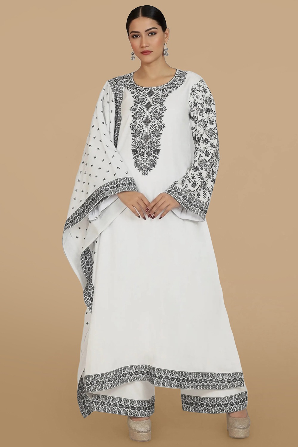 White Cotton Embroidered Straight Cut Palazzo Suit LSTV134675