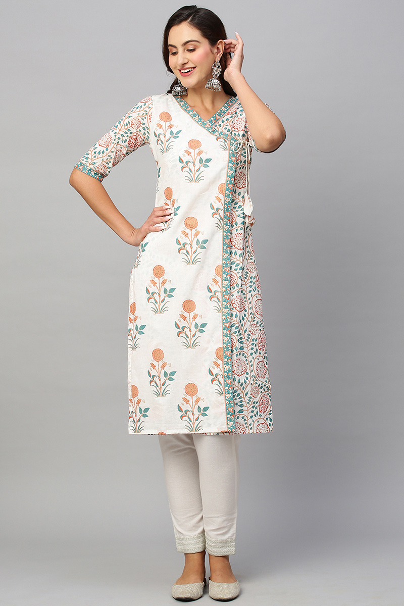 Angrakha Style Cotton Printed Kurti in Off White Color