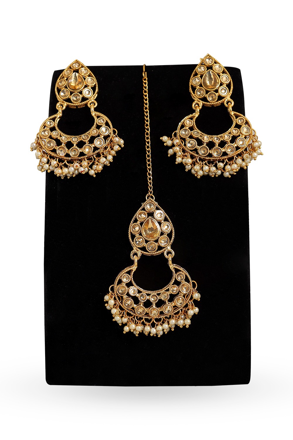 Gold Stone Earrings With Maang Tikka JEM0134587