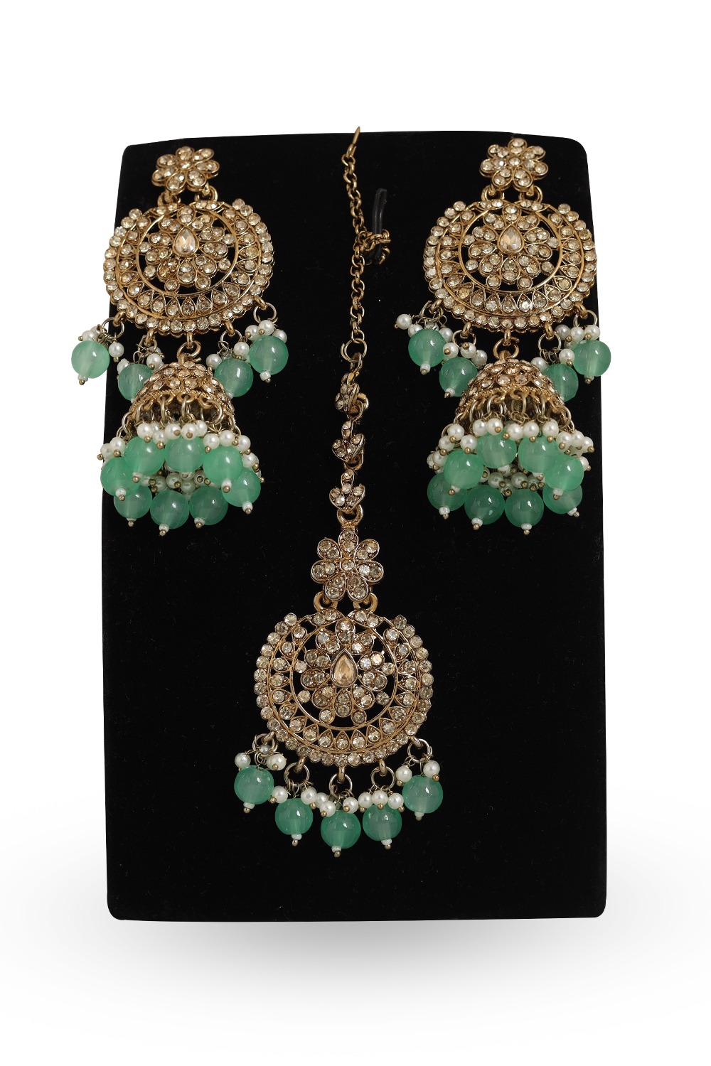 Mint Green Stone Earrings With Maang Tikka JEM0134740