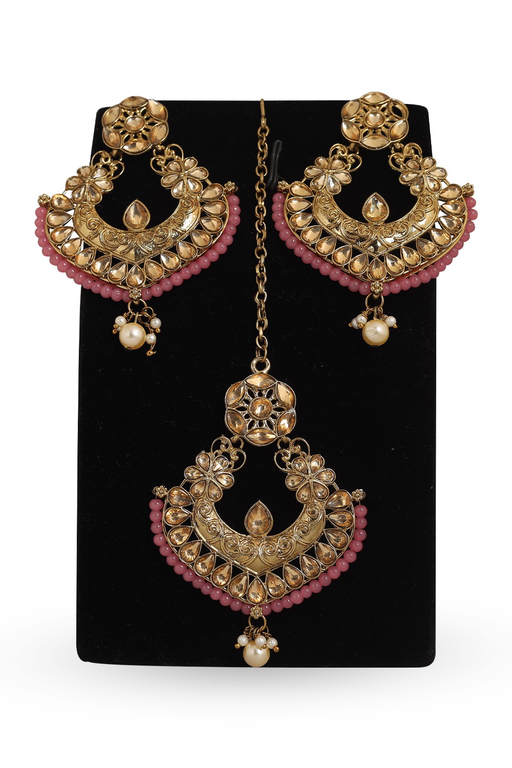 Coral Pink Kundan Work Earrings With Maang Tikka JEM0134601