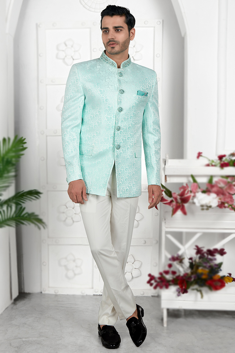 Aqua Blue Jacquard Silk Woven Zari Jodhpuri Style Men's Sherwani MSTV03601 Aqua Blue Jacquard Silk Woven Zari Jodhpuri Style Men's Sherwani MSTV03601