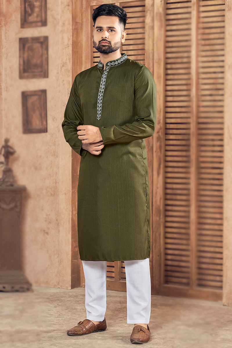 Army Green Viscose Weaved Thread Men s Kurta Pajama