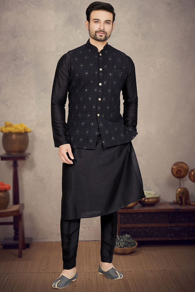 Art Silk Black Resham Embroidered Jacket Style Men's Waist Coat