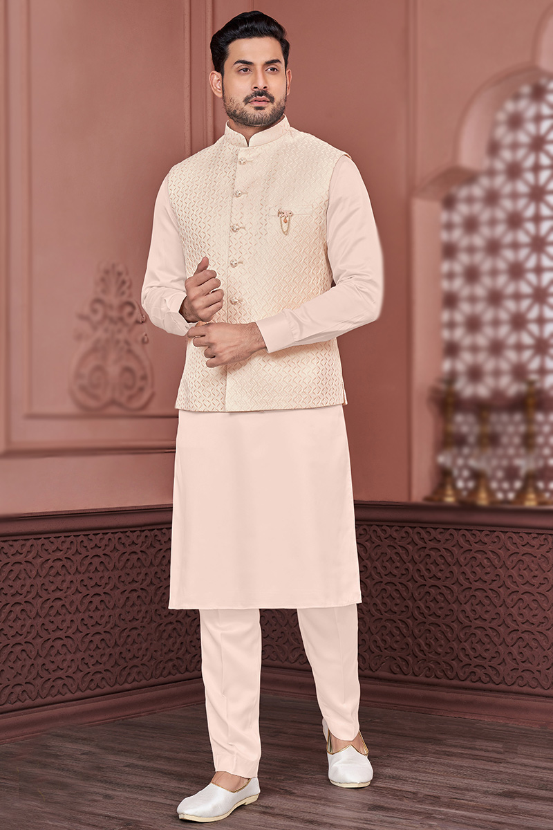 Art Silk Creamy Pink Plain Jacket Style Men's Kurta Pajama MKPA06340