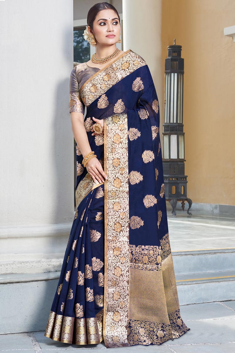 Buy Eid Special Art Silk Indian Wedding Saree In Navy Blue Color Online SARV06134 Andaaz Fashion