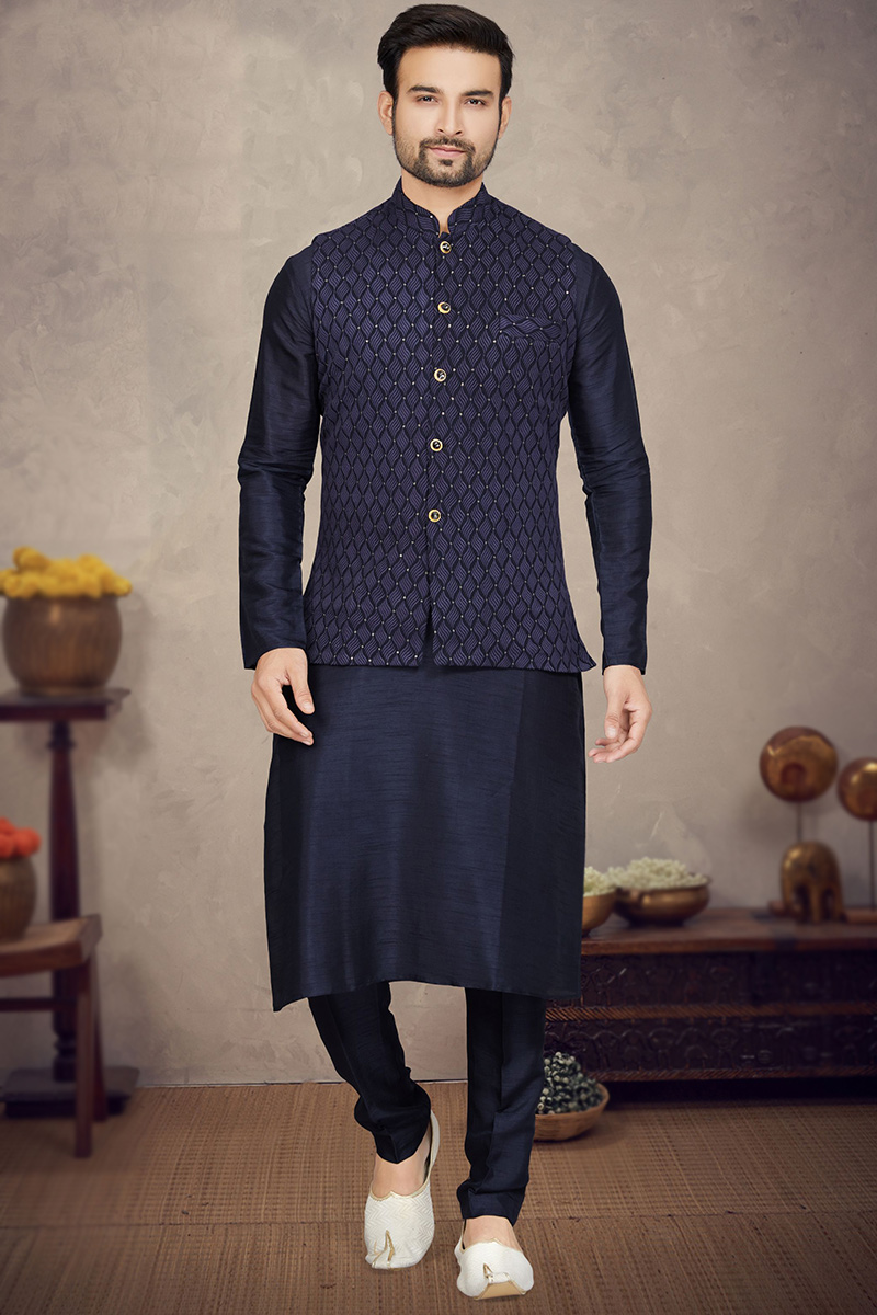 Art Silk Navy Blue Embroidered Jacket Style Men's Waist Coat