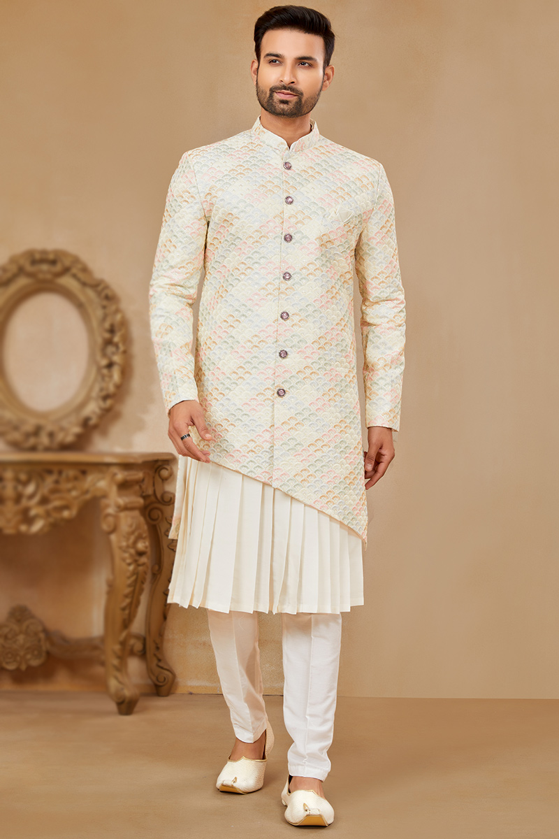Art Silk Off-White Embroidered Asymmetric Style Mens Kurta Pajama