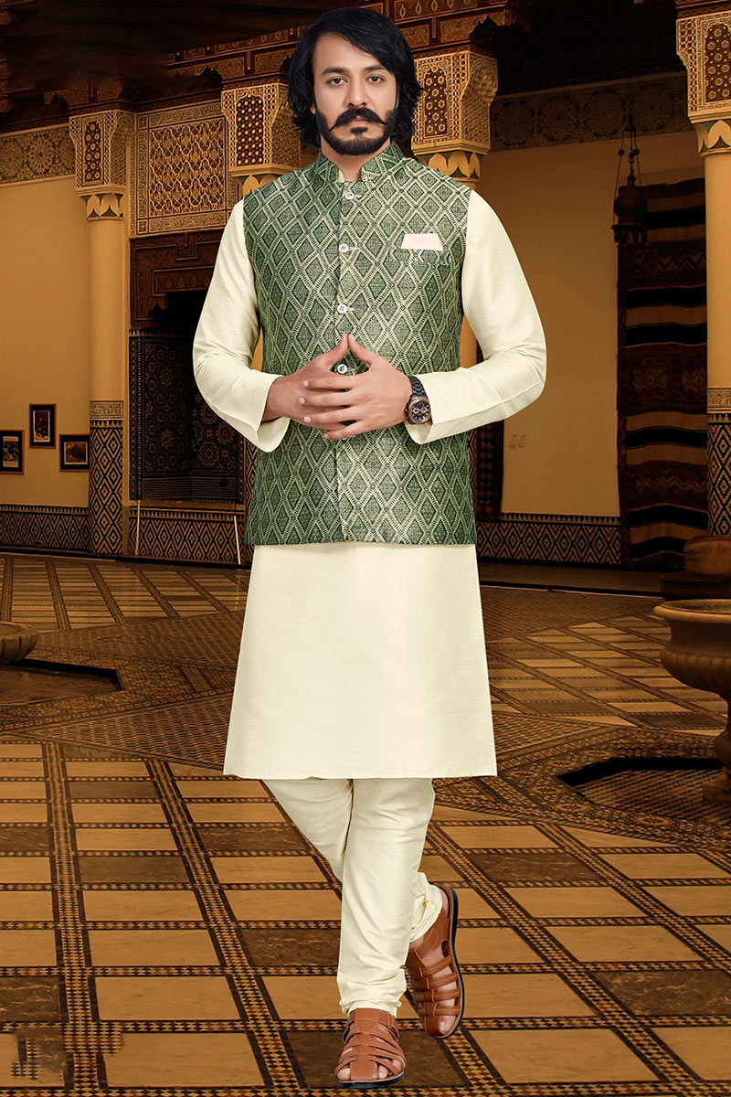 Andaaz Fashion Dark Green Kurta Pajama With Jacket Olive Green
