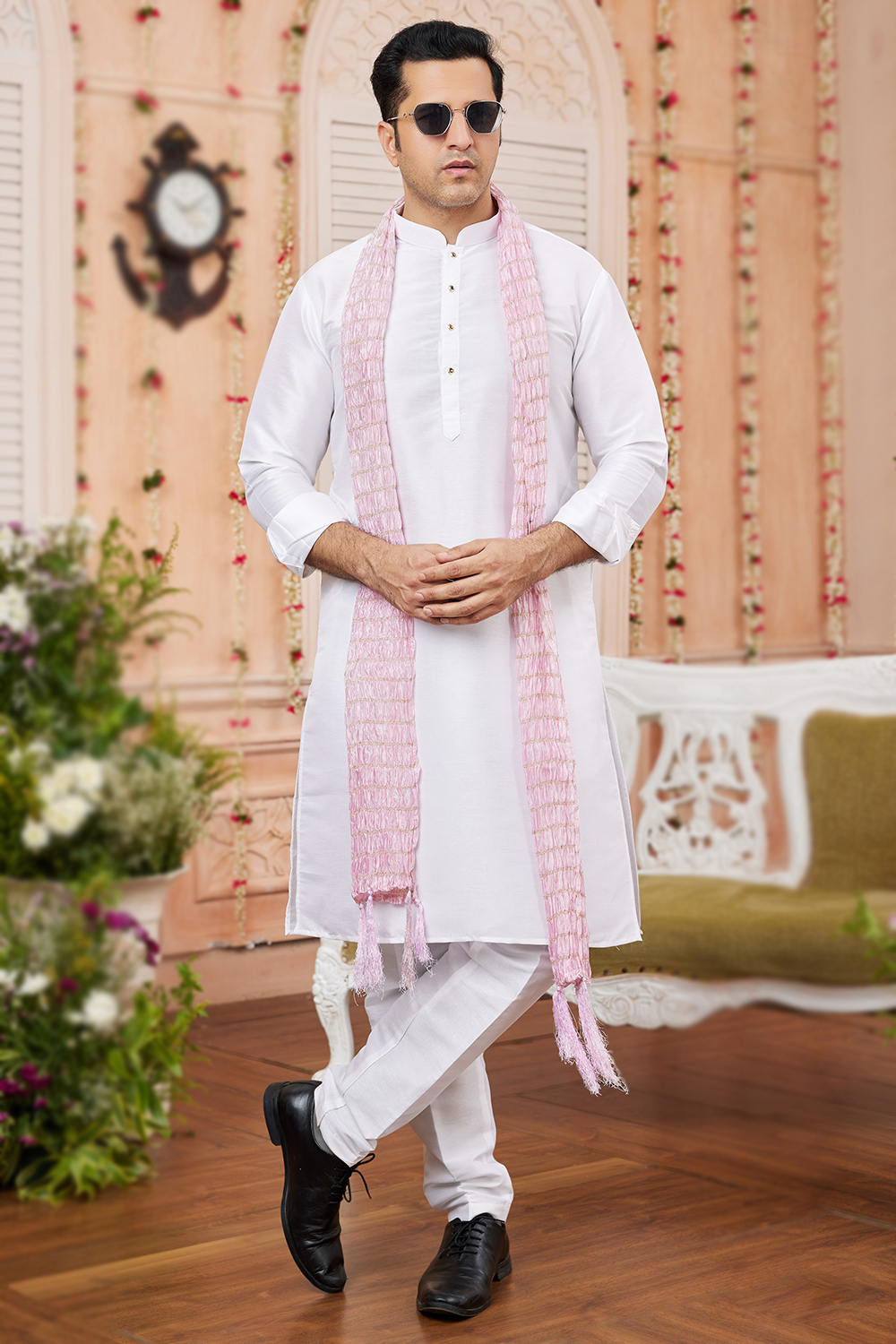 Art Silk White Plain Straight Cut Men's Kurta Pajama MKPA07892