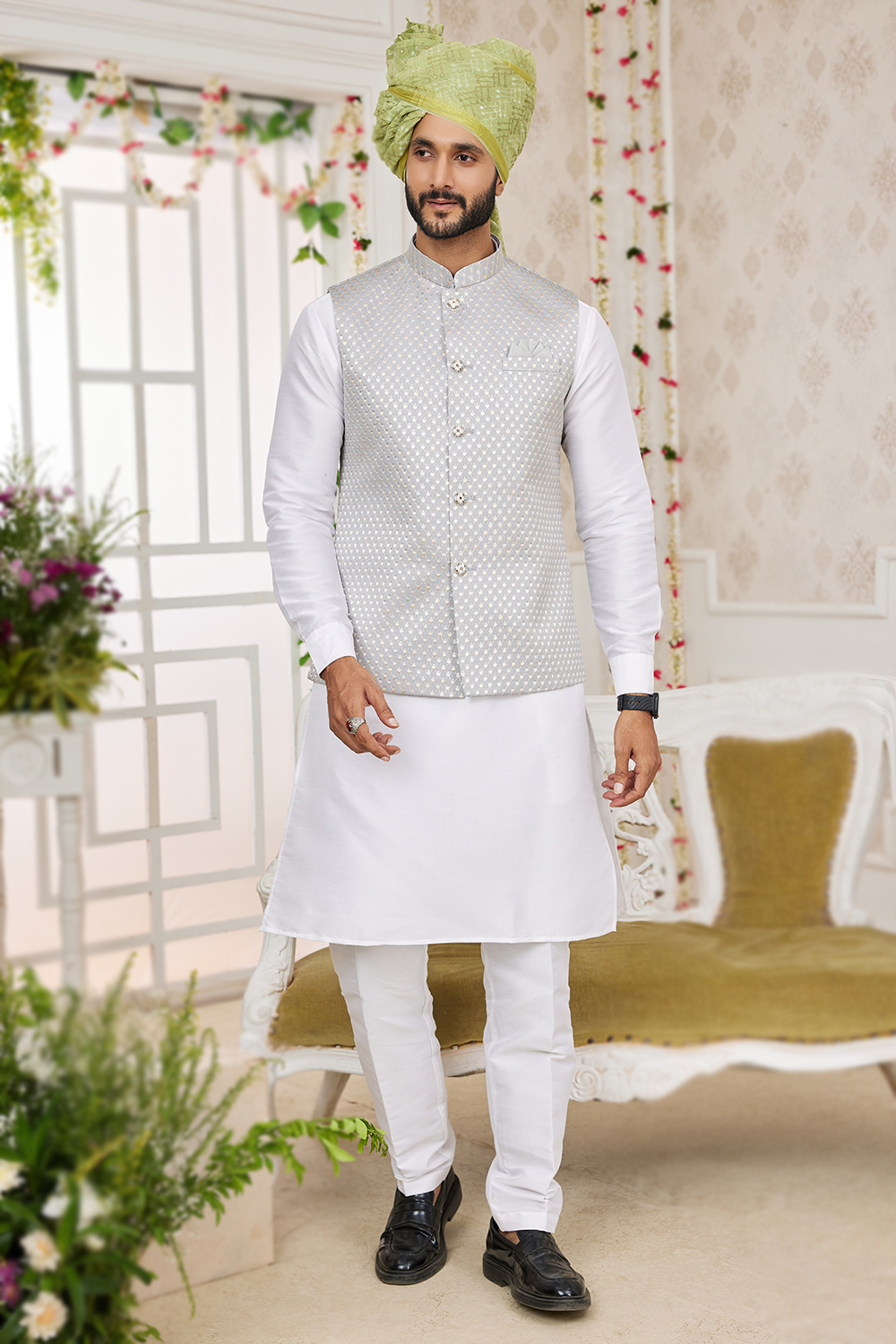 Art Silk White Plain Straight Cut Men's Kurta Pajama MKPA07908