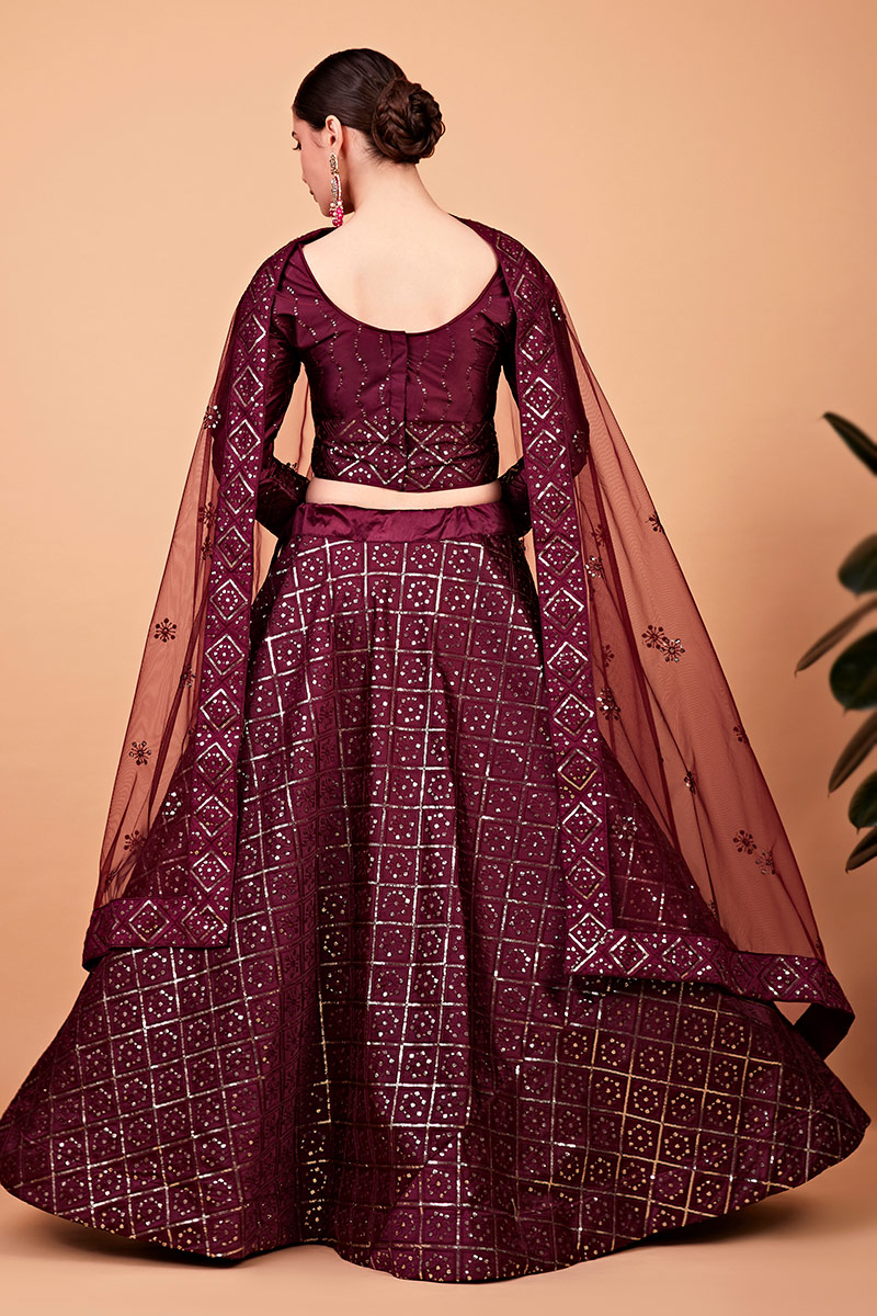 Wine maroon zari dori embroidered raw silk lehenga set