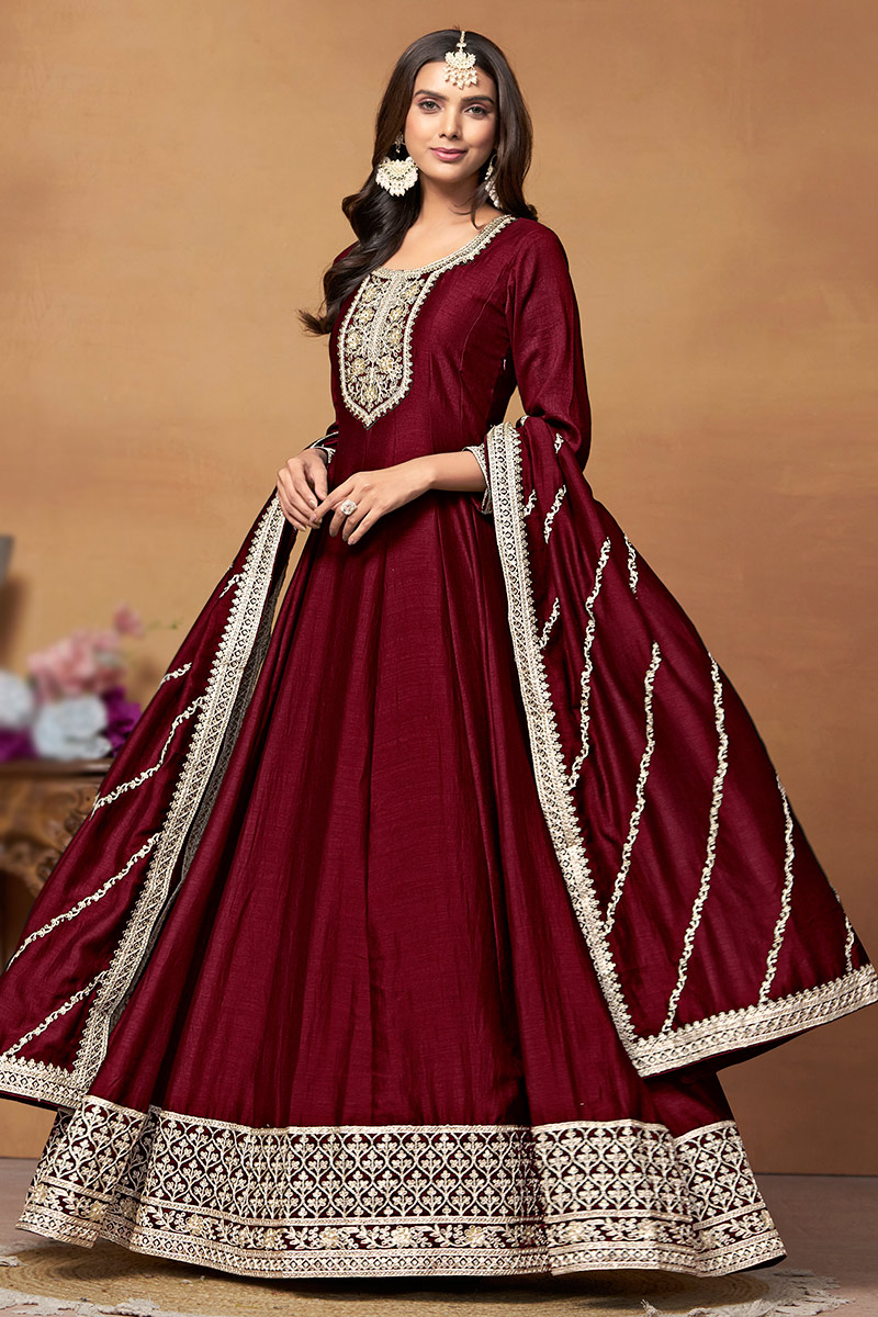 Art Silk Wine Maroon Sequins Embroidered A Line Anarkali Suit
