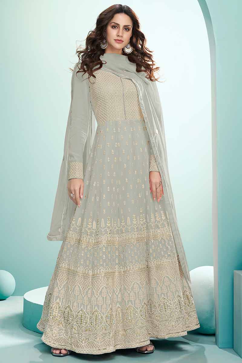 Fashion Indian Wedding Anarkali Suit in Ash Grey Embroidered