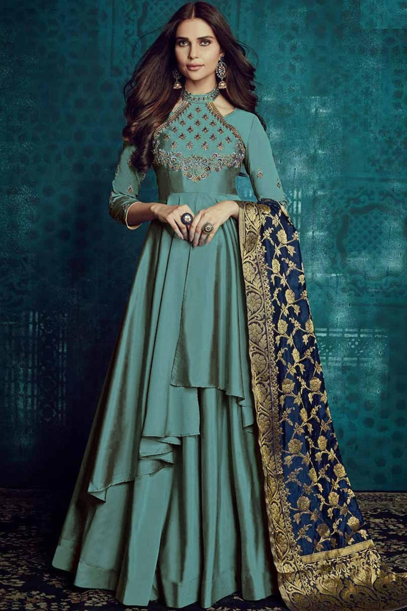 Buy Two Tone Taffeta Silk Anarkali Suit In Persian green color