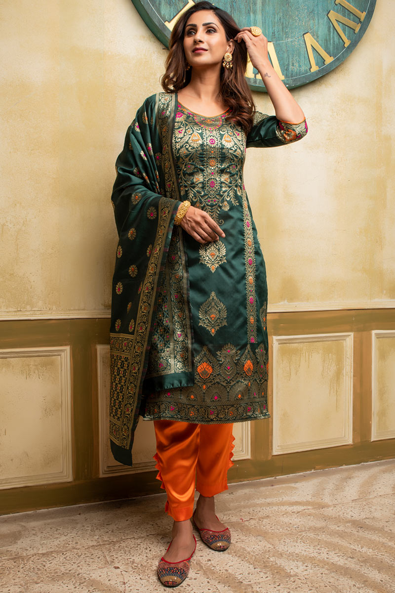 Range in Budget Dark Green Trouser Suit with Woven Zari Work LSTV114002