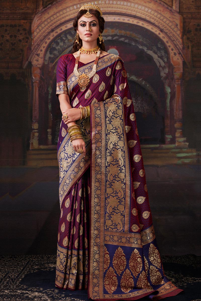 Buy Banarasi Silk Saree In Dark Purple Color Online - SARV05920 | Andaaz  Fashion