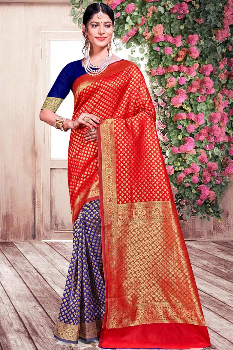 Navy blue color saree with red blouse cheap