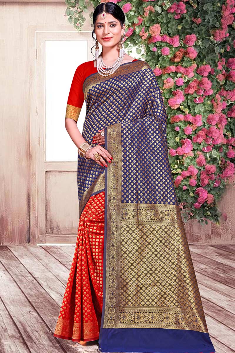 Banarasi Silk Saree In Navy Blue And Red Color