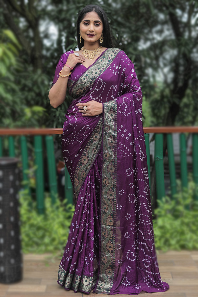 Bandhani Print Dark Purple Rajasthani Casual Wear Silk Saree