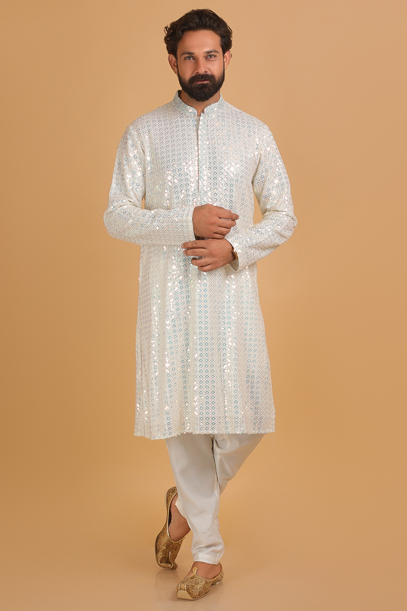 Beautiful Ivory Sequins Embroidered Men's Kurta Pajama MKPA04792
