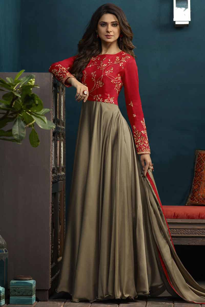 Buy Red and Beige Silk Anarkali Gown 