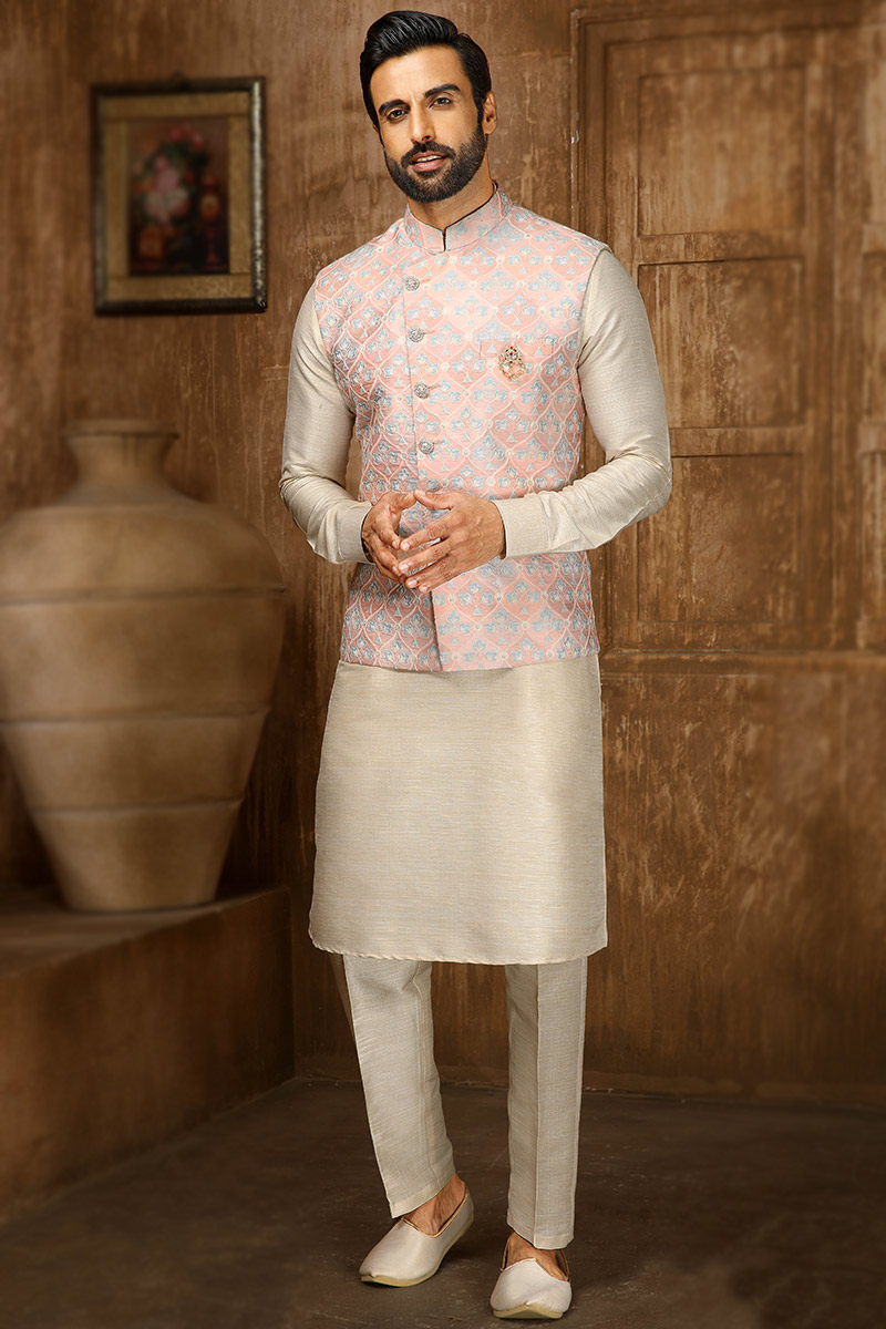 Men Kurta Pajama in Beige Fabric MKPA02312